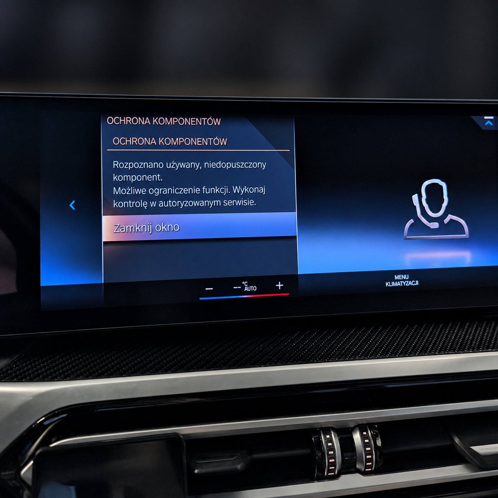 BMW multimedia display showing the Polish component protection warning